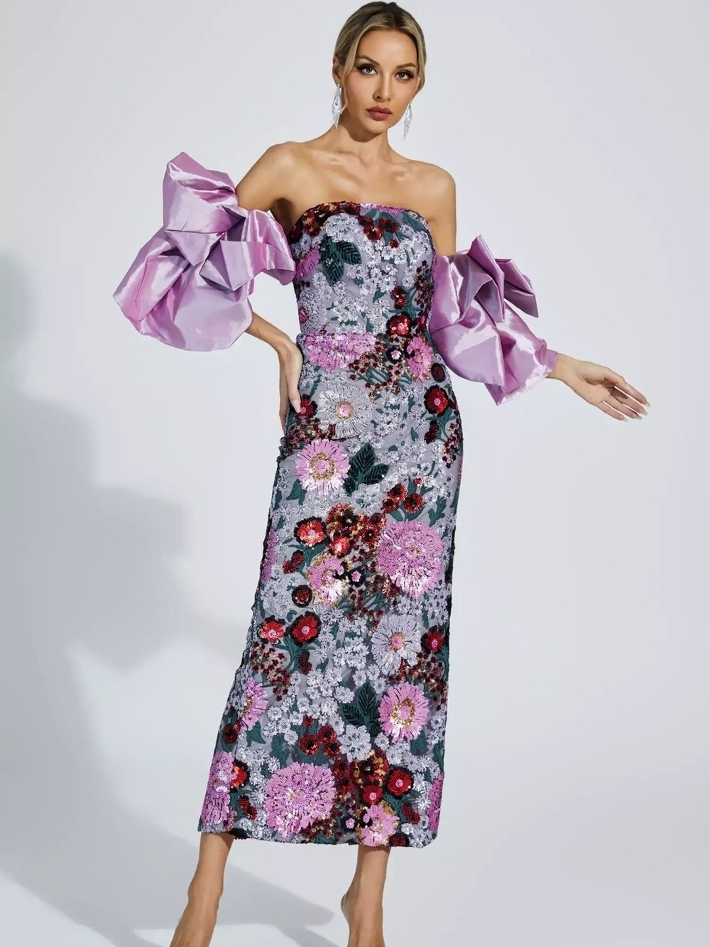 Lavender Strapless Floral Sequin Evening Dress